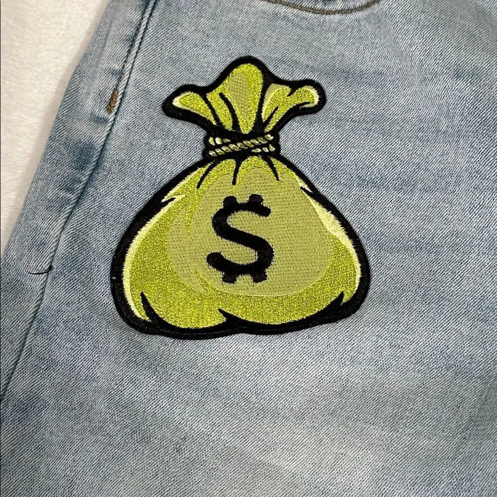 Roku Studio Light Blue Jeans with Angel and Money Bag Patches!